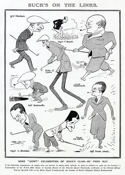 Some celebrities of Bucks Club playing golf caricatured by Fred May in The Tatler