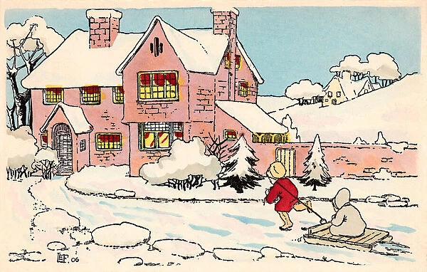 Child pulling a younger child on a sledge towards a big house in the snow