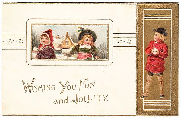 Children with snowballs on a Christmas card