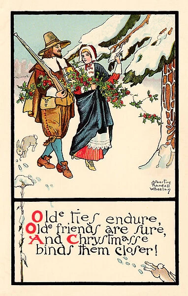 Christmas postcard depicting a Puritan hunter