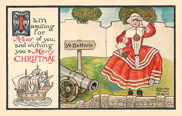 Christmas postcard depicting a young girl in 18th century costume awaiting