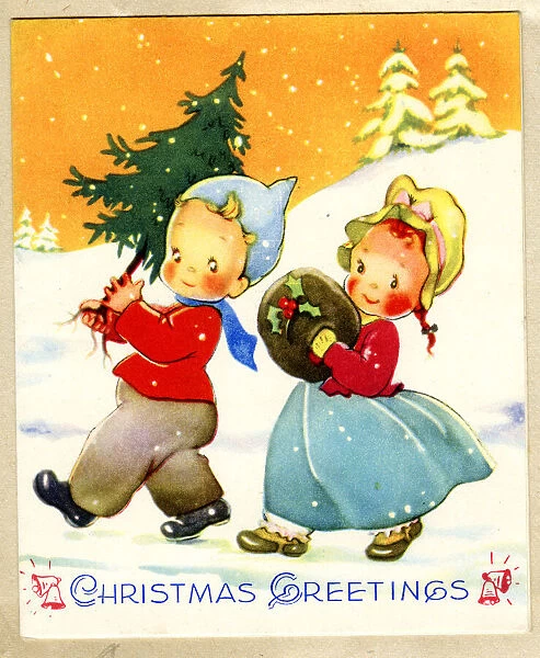 Christmas card, Children in Snow