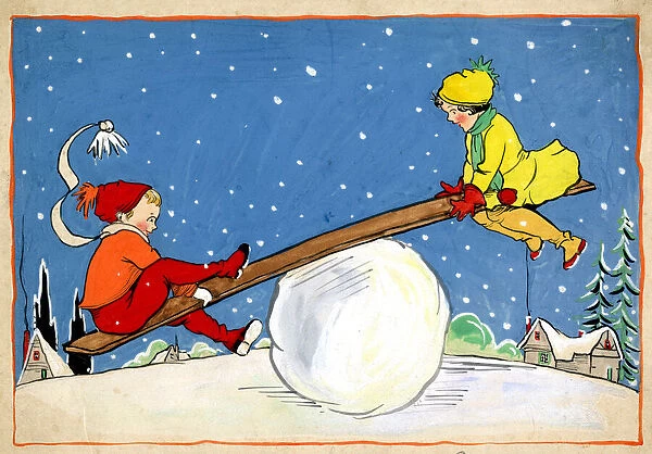 Christmas Card - Children on snowball Seesaw