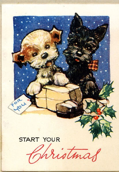 Christmas card, Two puppies with parcels