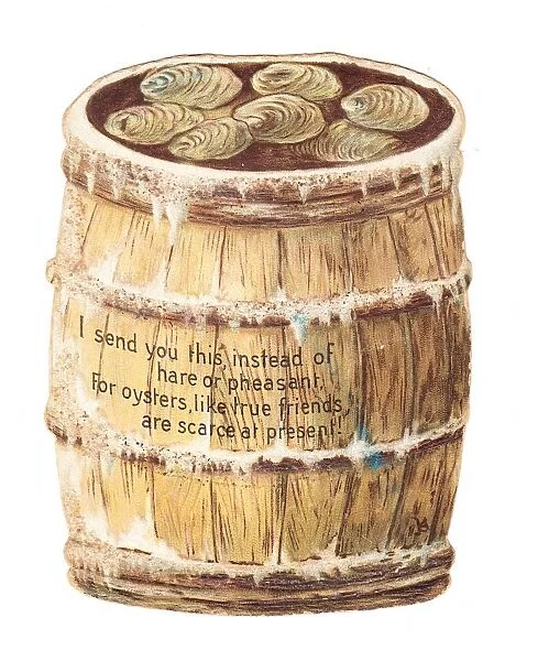 Christmas card in the shape of a barrel of oysters