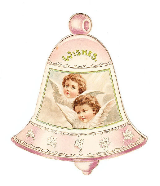 Christmas card in the shape of a bell with cherubs