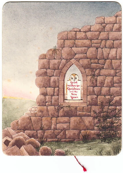 Christmas card with stone wall and gothic window