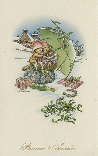 Christmas Greetings Postcard - two children and presents