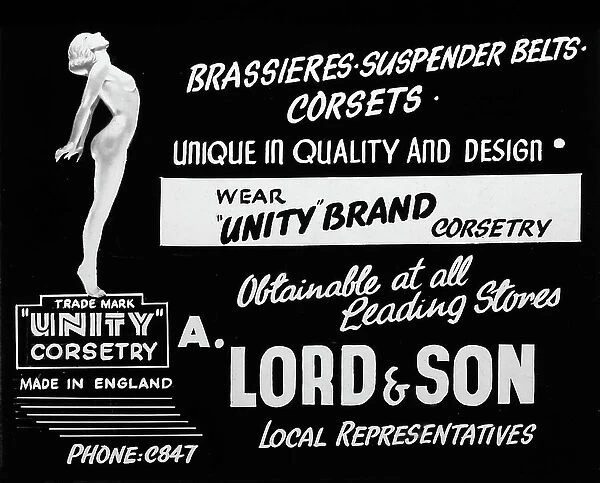 Cinema advertisement for Unity Brand corsetry, early 1900s
