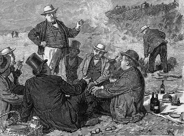 CLAMBAKE. Gentlemen enjoy a clam bake on the coast of America Date: 1883