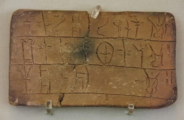 Clay tablet inscribed with mycenaean Linear B script. Nation