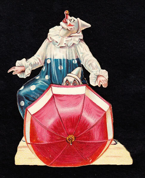 Two clowns with an umbrella on a Victorian scrap