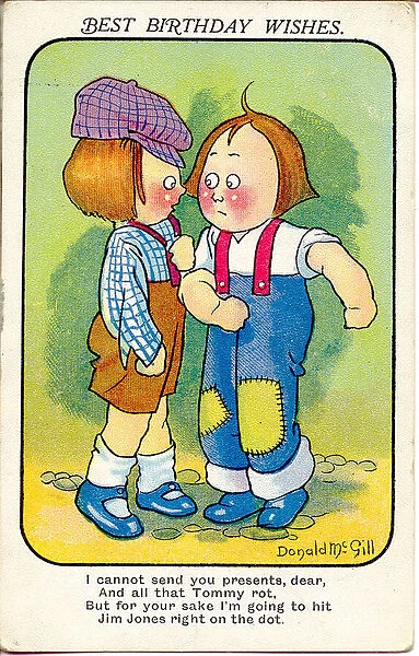 Comic birthday postcard, Two boys about to fight Date: 20th century