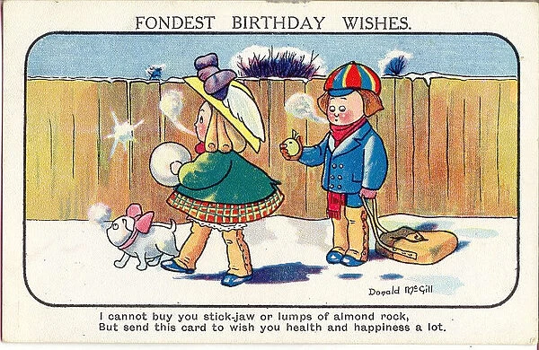 Comic birthday postcard, Two children in the snow Date: 20th century