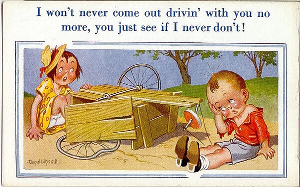 Comic postcard, Boy and girl, accident with a go-kart Date: 20th century