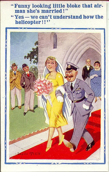 Comic postcard, Bride and groom leaving church Date: 20th century