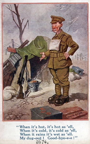 Comic postcard, British soldier in dugout, WW1