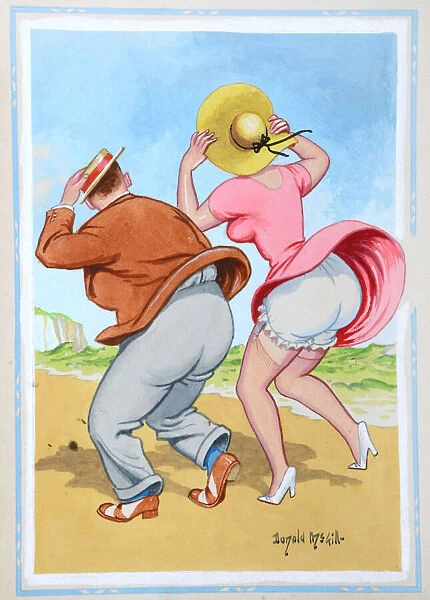 Comic postcard, Couple at the seaside on a windy day Date: 20th century