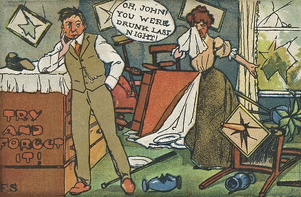 Comic postcard, couple in a trashed room