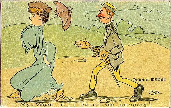 Comic postcard, Couple walking in the countryside - My word, if I catch you bending