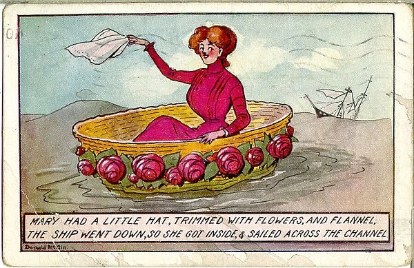 Comic postcard, Edwardian woman at sea in large hat