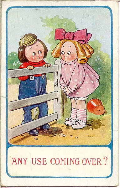 Comic postcard, Girl and boy chat over a gate Date: 20th century