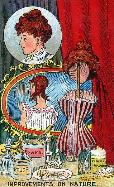 Comic Postcard - Improvements on Nature - Hair and Make-up (rouge, enamel, violet powder, a corset and a wig) - everything needed to transform ones appearance Date: 1910