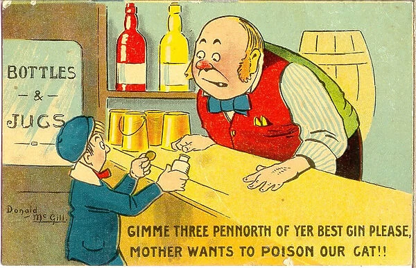 Comic postcard, Little boy and barman Date: 20th century