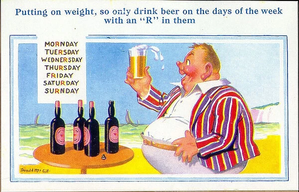 Comic postcard, Man enjoying a beer on the beach