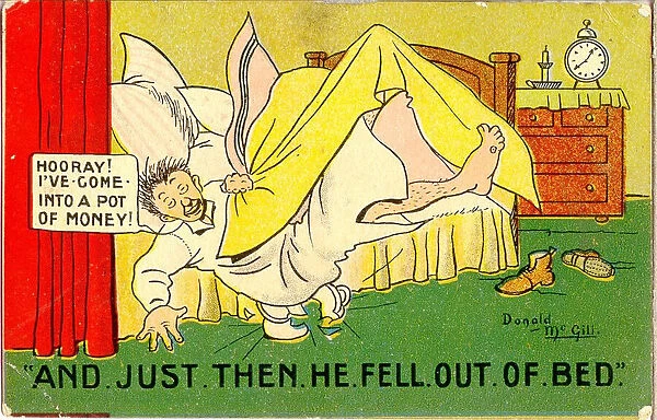 Comic postcard, Man falls out of bed onto chamber pot Date: 20th century