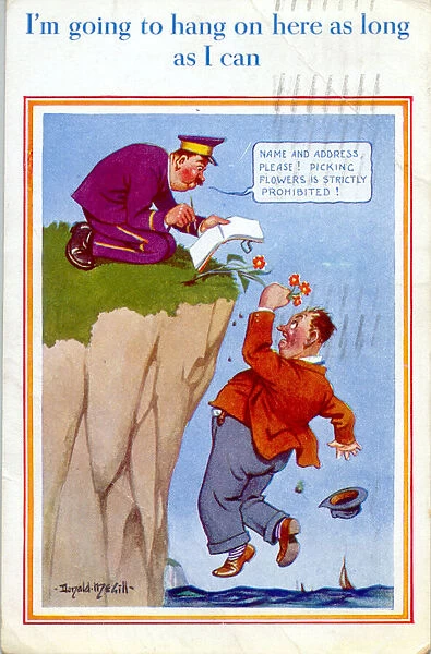 Comic postcard, Man hanging off the edge of a cliff Date: 20th century