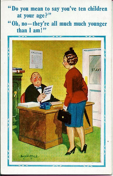 Comic postcard, Man interviews woman in office
