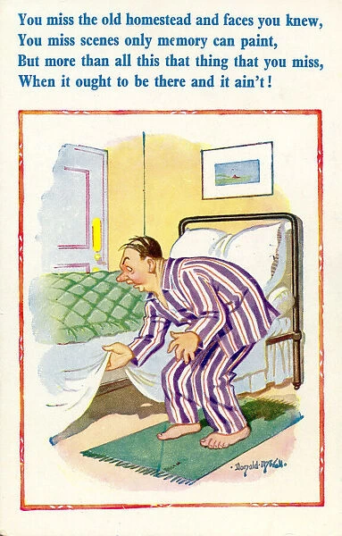 Comic postcard, Man looking under his bed