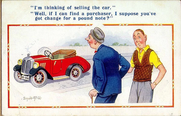 Comic postcard, Man selling his car Date: 20th century