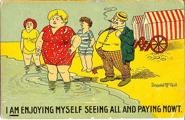 Comic postcard, Man watching women at the seaside Date: 20th century