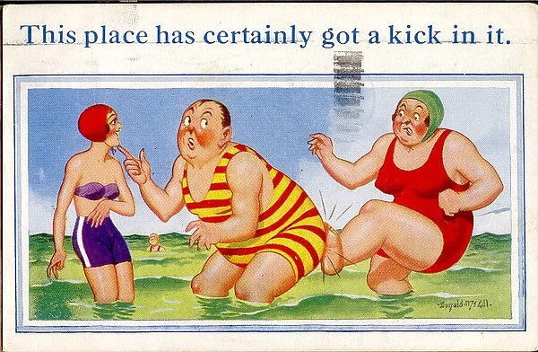 Comic postcard, Man, wife and pretty woman paddling in the sea Date: 20th century