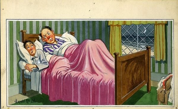 Comic postcard, Two men sharing a narrow bed Date: 20th century