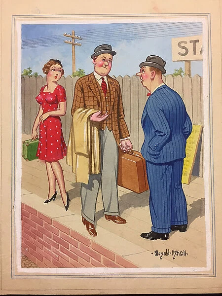Comic postcard, Two men and woman on station platform Date: 20th century