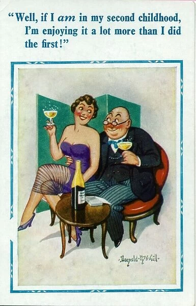 Comic postcard, Middle aged couple with champagne