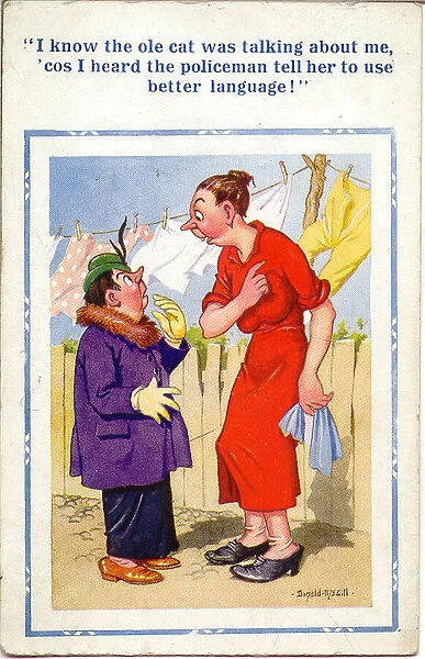 Comic postcard, Neighbours chatting in garden Date: 20th century