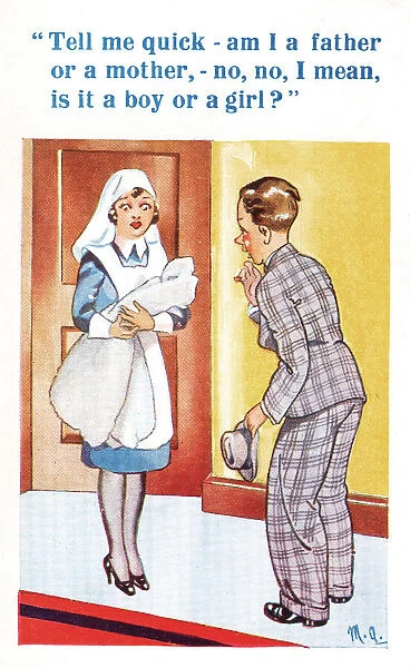 Comic postcard, nurse, baby and new father - girl or boy? Date: 20th century