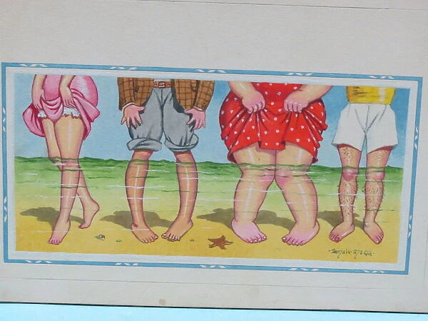 Comic postcard, Four pairs of legs paddling in the sea
