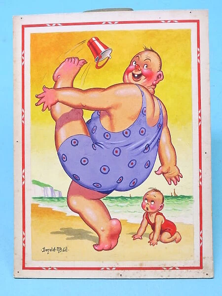 Comic postcard, Plump man on the beach