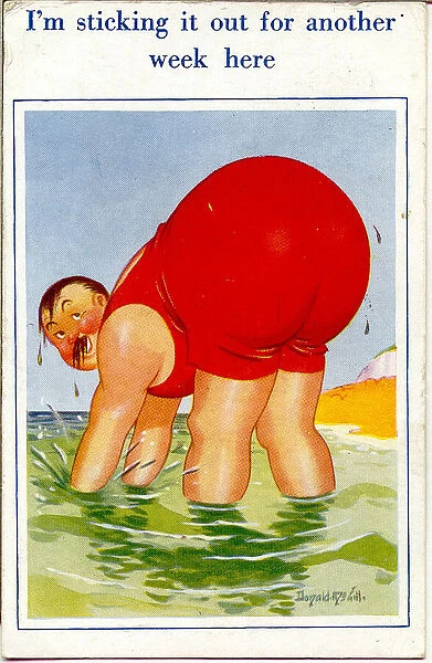 Comic postcard, Plump man paddling in the sea Date: 20th century