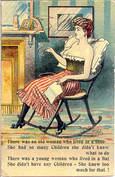 Comic postcard, Pretty woman in her bedroom - sitting in a rocking chair Date