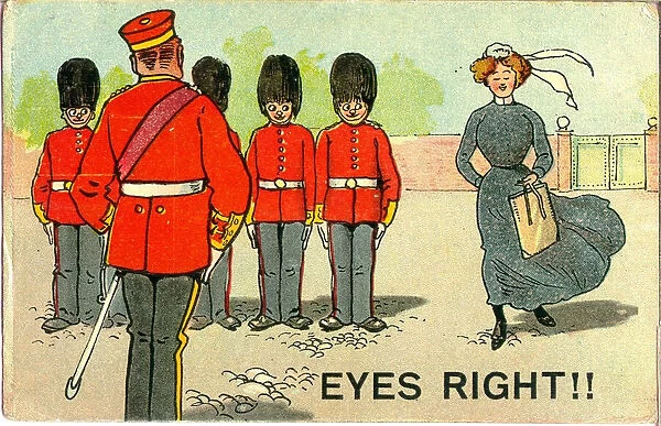 Comic postcard, Soldiers admire pretty woman - eyes right!! Date: 20th century