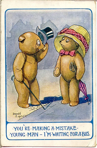 Comic postcard, Teddy bears in the street. I m waiting for a bus. Date: 20th century