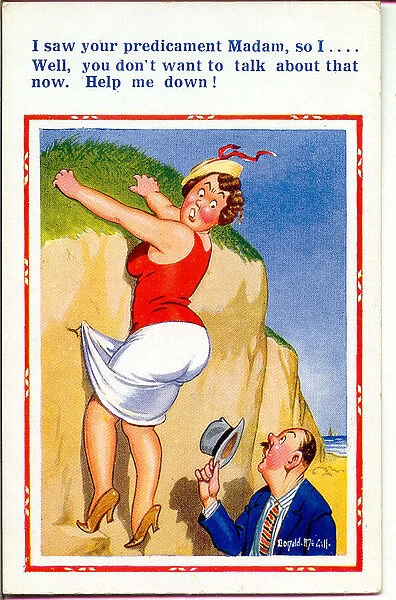 Comic postcard, Woman hanging off a cliff Date: 20th century