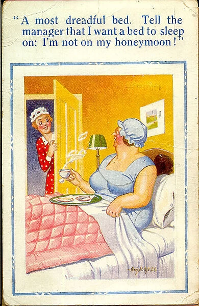 Comic postcard, Woman in hotel bedroom Date: 20th century