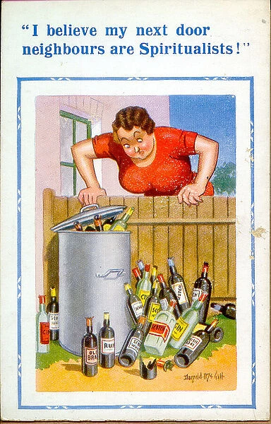Comic postcard, Women looking over garden fence Date: 20th century